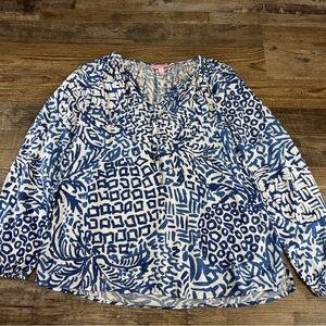 Lilly Pulitzer Blue White Print Long Sleeve Blouse Women’s Small